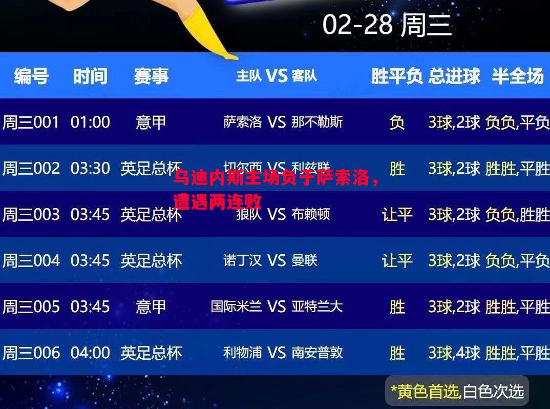 乌迪内斯主场负于萨索洛，遭遇两连败